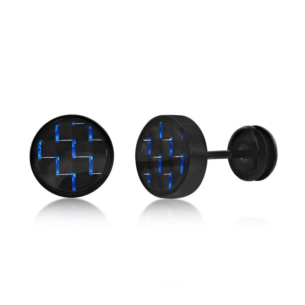 Stainless Steel 10mm Black Carbon Fiber Stud Earrings - Black Plated