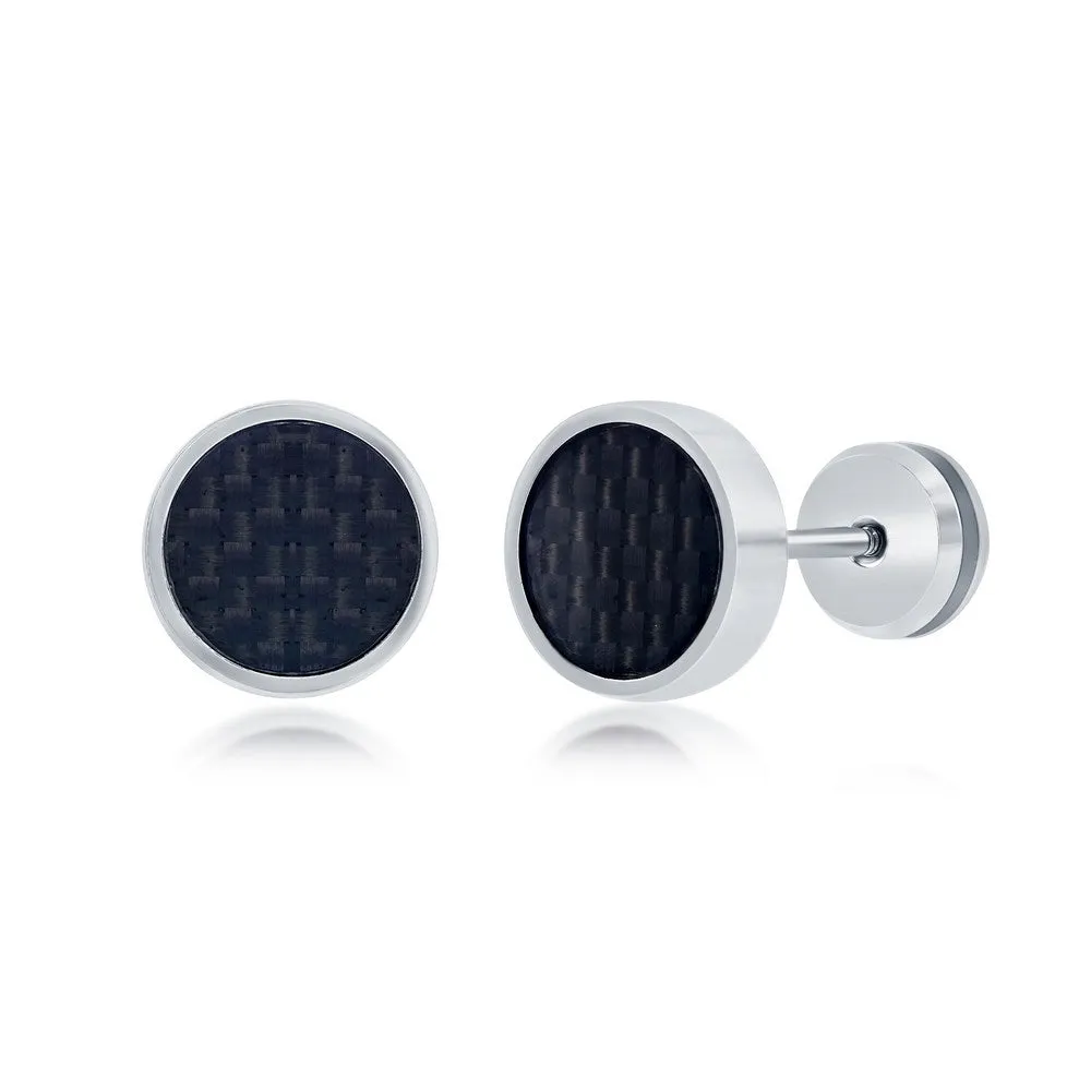 Stainless Steel 10mm Black Carbon Fiber Stud Earrings - Black Plated